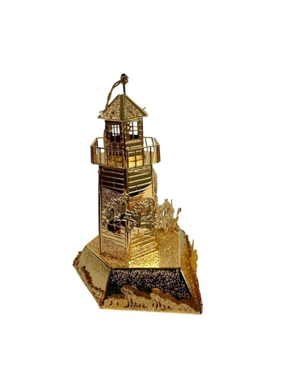Danbury Mint Christmas Ornament North Pole Lighthouse Santa & Reindeer Gold 1998